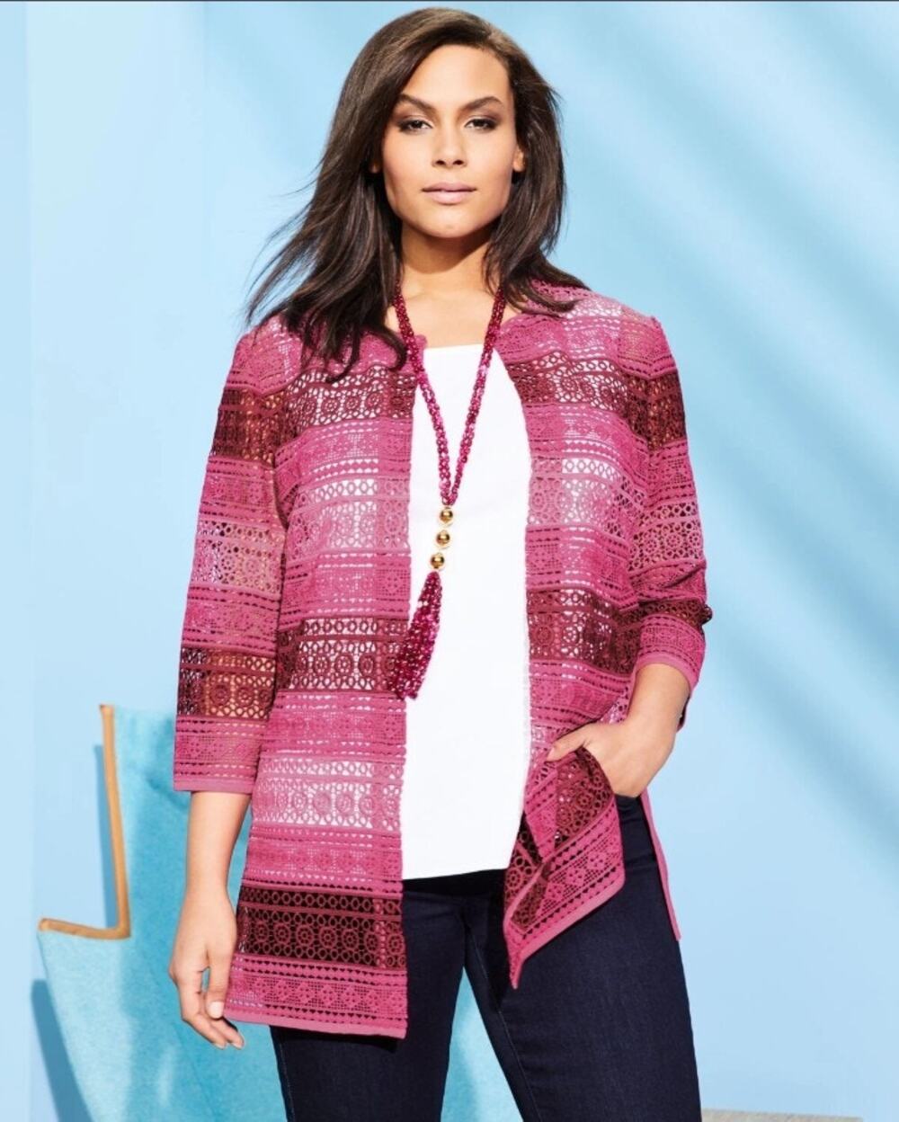 NWT MISOOK Pink Striped Crochet Heritage Fit 3/4 Sleeve Jacket 1X XL